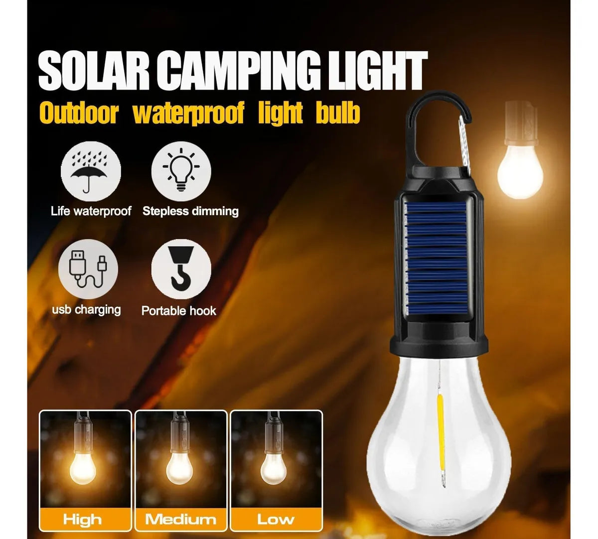 🏕️ Ampolleta LED Portátil Solar + USB Tipo-C