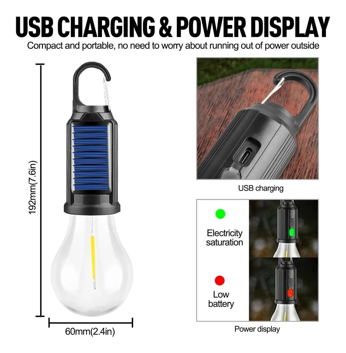 🏕️ Ampolleta LED Portátil Solar + USB Tipo-C
